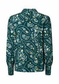 Bluse mit floralem Muster in Grün, langen Ärmeln, Kragen und Knopfmanschetten. Das Design weist hellblaue und cremige Akzente auf.