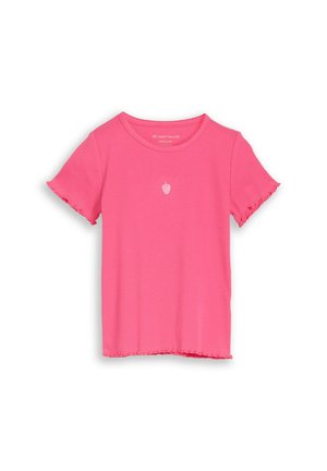 Pink short-sleeve ribbed t-shirt with lettuce hem edges and a small white strawberry graphic centered on the chest.