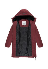 Burgundyröd vadderad jacka med en huva kantad med päls, utrustad med dragkedja och svart innerfoder med en subtil mönstrad design.