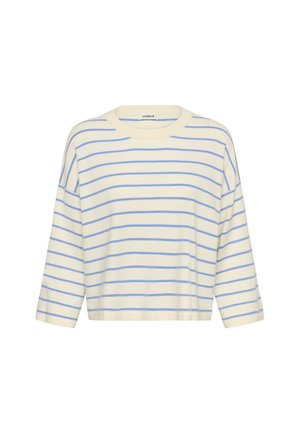 Gestreifter Pullover in Creme mit hellblauen horizontalen Streifen. Verfügt über einen Rundhalsausschnitt, eine verkürzte Länge und lange Ärmel. Hergestellt aus weichem Stoff.
