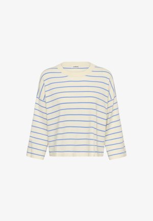 Kreemikas triibuline pullover helesiniste horisontaalsete triipudega. Omab ümara kaelusega, lühendatud pikkusega ja pikki varrukaid. Valmistatud pehmest kangast.