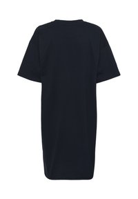 Navy blue oversized t-shirt, short sleeves, round neckline, made of cotton, smooth texture, no visible patterns or accents.