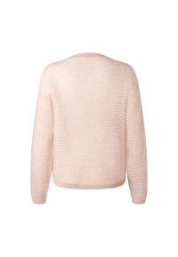 Helles rosa Strickpullover mit langen Ärmeln, rundem Ausschnitt und lässiger Passform. Verfügt über eine horizontale Rippstruktur und eine verkürzte Länge.