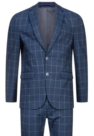 Navy blue suit with a checkered pattern, featuring a two-button closure, notch lapels, and textured lining. Includes two front pockets.