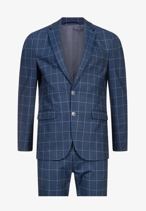 Marineblauer Anzug mit kariertem Muster, ausgestattet mit einem Zwei-Knopf-Verschluss, Reverskragen und strukturiertem Innenfutter. Inklusive zwei Eingrifftaschen.