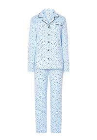 Conjunto de pijama de manga larga de color azul claro con un pequeño patrón floral oscuro y ribete negro en el cuello y en el bolsillo del pecho.