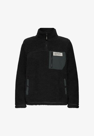 Sudadera de forro polar negra con media cremallera, que presenta un bolsillo en el pecho gris, bolsillos laterales y tejido texturizado para brindar calidez y comodidad.