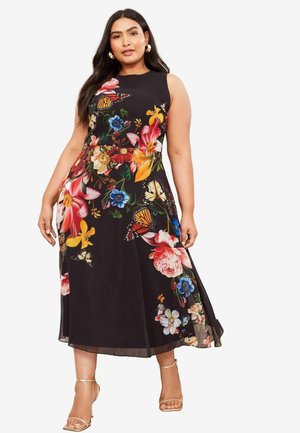 Floral midi dress in black with vibrant colors, featuring large roses, butterflies, and blue flowers. Smooth fabric with a flowy hemline.
