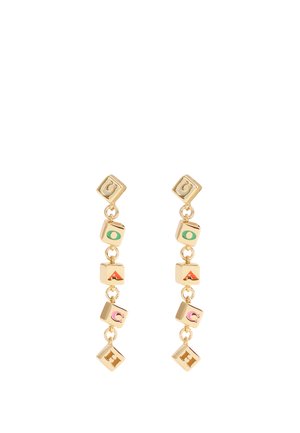 Gold-tone drop earrings featuring colorful lettered blocks (O, A, C, H) with a smooth texture and geometric design.