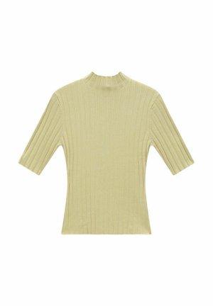 Ribbet, kortærmet top i lysegul med høj hals. Har en tekstureret finish med lodrette linjer over det hele.