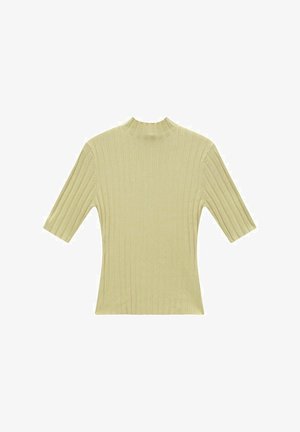 Ribbed, lyhythihainen paita vaaleankeltaisena, jossa on korkea kaulus. Ominaisuuksiin kuuluu texturoitu pinta, jossa on pystysuorat viivat.