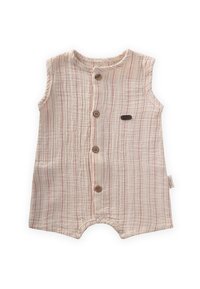 Romper blanco para bebé con rayas rojas, diseño sin mangas, cuatro botones de madera en la parte frontal y una pequeña etiqueta de tela marrón en el costado.