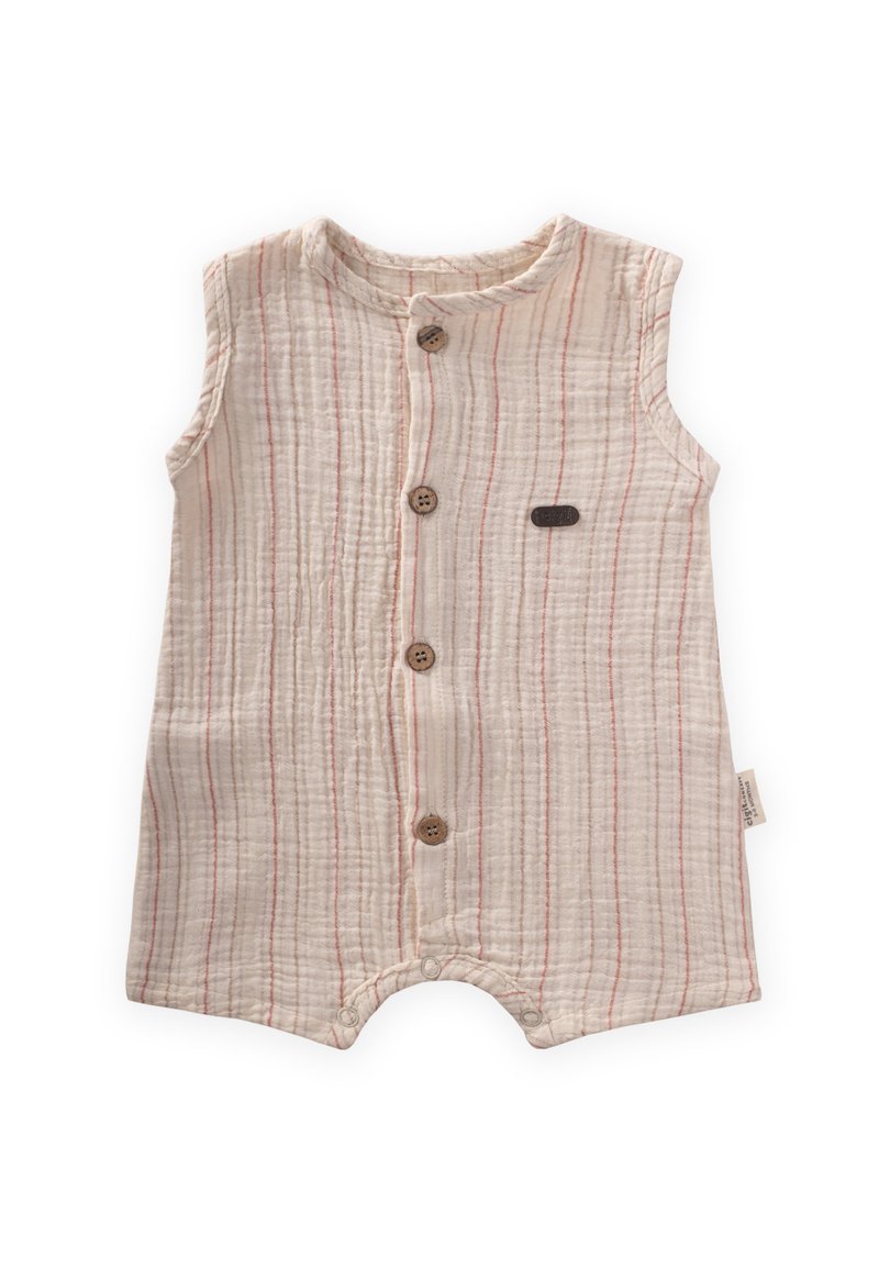 Romper blanco para bebé con rayas rojas, diseño sin mangas, cuatro botones de madera en la parte frontal y una pequeña etiqueta de tela marrón en el costado.