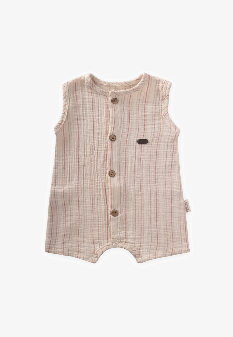 Bijeli bodi za dojenčad s crvenim prugama, bez rukava, s četiri drvene gumbe sprijeda i malom smeškom oznakom od tkanine s bočne strane.