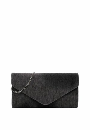 Bolso de mano texturizado en gris con diseño de solapa, correa de cadena plateada y forma elegante y minimalista. Sin herrajes ni adornos visibles.