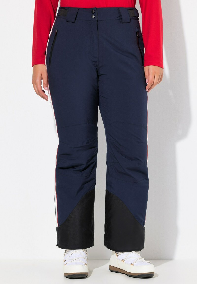 Navy-Ski-Hosen mit einem schwarzen unteren Abschnitt, ausgestattet mit zwei seitlichen Taschen und einem eleganten Design. Hergestellt aus einem strapazierfähigen, wetterbeständigen Material.