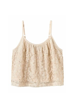 Top court sans manches en dentelle beige avec fines bretelles réglables et motif floral avec des accents subtils de sequins.