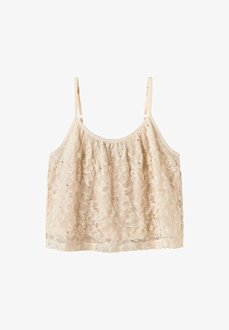 Top court sans manches en dentelle beige avec fines bretelles réglables et motif floral avec des accents subtils de sequins.
