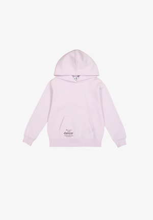 Lichtpaarse hoodie met een voorzak, geribbelde manchetten en een v-halsontwerp. Bevat een logo en tekst aan de onderzijde rechts.