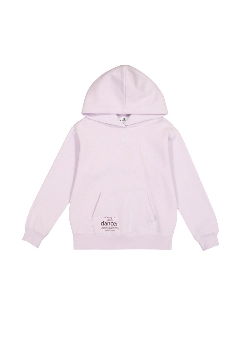 Sudadera de color púrpura claro con bolsillo frontal tipo canguro, puños acanalados y diseño en pico. Presenta un logotipo y texto en la parte inferior derecha.