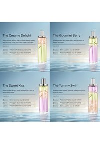 Vier parfumflesjes met etiketten The Creamy Delight, The Gourmet Berry, The Sweet Kiss en The Yummy Swirl met geurprofielen en spray-ingrediënten.