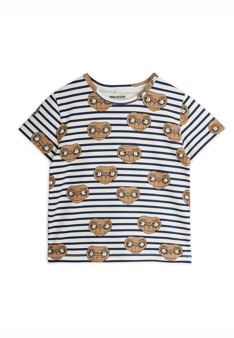 Svītrains īsām piedurknēm krekls baltā un tumši zilā krāsā, ar atkārtotiem karikatūru varoņu sejām brūnā krāsā. Kokvilnas materiāls, apaļa izgriezne.