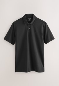 Sort slim fit poloshirt med korte ærmer, to knapper og krave, vist mod en lys baggrund.