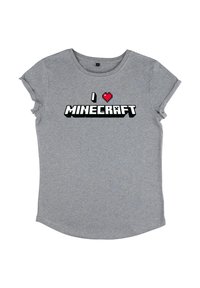 Šedé bavlněné tričko s krátkými rukávy, s pixelovanou grafikou "I ♥ MINECRAFT" v černé a červené barvě na přední straně.