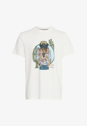 White cotton t-shirt featuring a graphic of a tiger wearing sunglasses and a floral lei, set against a cactus background.