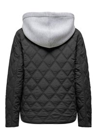 Veste noire matelassée avec couture en forme de losange et capuche gris clair attachée, vue de dos.