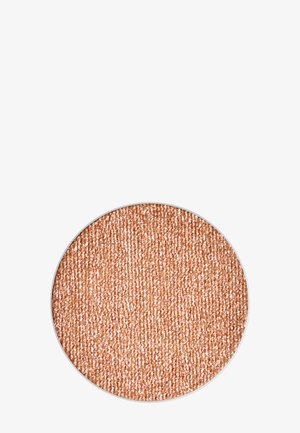 Pressed eyeshadow in warm rose gold, featuring a textured surface with fine shimmer. Circular metal pan with smooth edges.