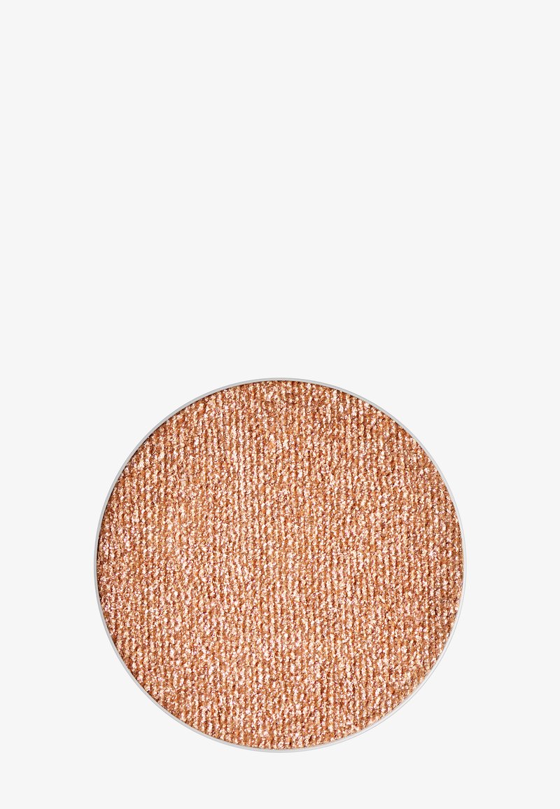 Pressed eyeshadow in warm rose gold, featuring a textured surface with fine shimmer. Circular metal pan with smooth edges.