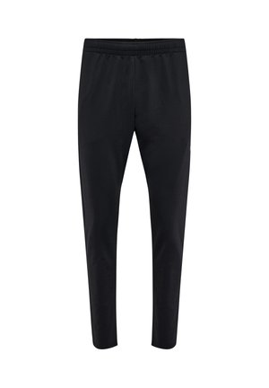Black slim-fit athletic pants with elastic waistband, tapered legs, and smooth fabric texture.