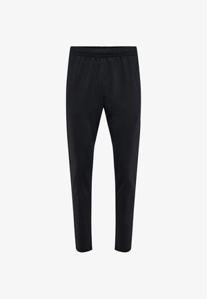 Pantaloni sportivi neri slim fit con vita elastica, gambe affusolate e tessuto liscio.
