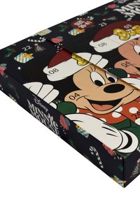 Calendario dell'Avvento Disney Minnie Mouse, rettangolare, sfondo nero, grafiche colorate stampate, con motivi festivi, porte numerate.