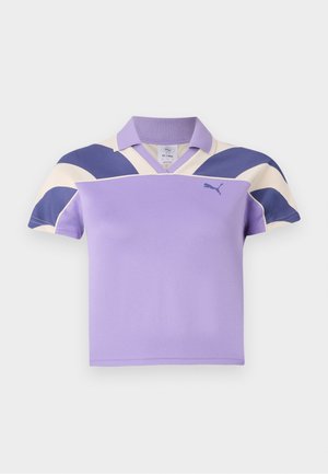 Purple polo shirt with a collared neck, featuring large cream and navy stripes on the shoulders. Soft, textured fabric, casual design.
