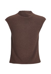 Haut marron sans manches avec un col montant et un léger éclat, présenté sur un fond blanc.