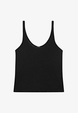 Sort tanktop i blødt stof med rund halsudskæring og tynde stropper. Enkel, cropped design med rene kanter og uden mønstre.