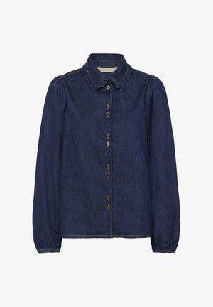 Temno modra džins srajca z nabranim ovratnikom, dolgimi napihnjenimi rokavi in zapenjanjem na zaponke z zlato barvo. Mehak material.