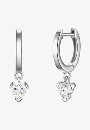 Srebrne kolczyki w kształcie kółek z sercowym, przezroczystym kryształem, gładką fakturą i wypolerowanym wykończeniem.