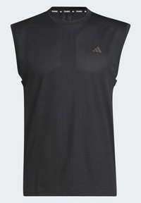 Camiseta de entrenamiento negra sin mangas con textura de malla, escote redondo y detalles sutiles del logo en el pecho y el cuello.