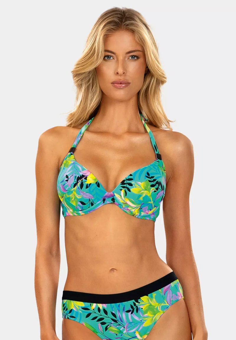 Zestaw bikini z turkusowym kwiatowym wzorem, z formowanymi miseczkami, paskami na szyję oraz czarnymi akcentami na dolnej części.