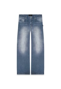 Bredde ben blå denim jeans med falmede accenter, fem lommer, lynlås i front og et mærke i taljen. Blød tekstur, afslappet design.