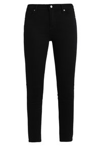Jeans skinny de mezclilla negra con un ajuste ceñido, diseño de cinco bolsillos, cierre de botón metálico y un sutil detalle de costura. Textura suave en toda la prenda.