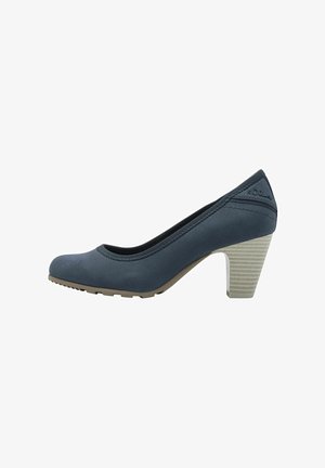 Blue suede high heel shoe with a rounded toe, textured light-colored block heel, and rubber sole for grip. Stitched detailing along the edges.