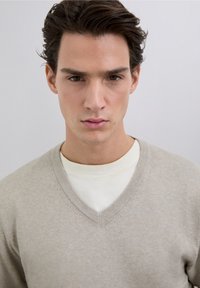 Beiger V-Ausschnitt-Pullover mit Strickstruktur, leichtem Stoff. Wird über einem cremefarbenen Rundhalsausschnitt getragen, mit dezentem Logo auf der Brust.