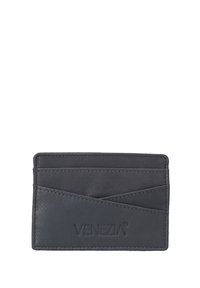 Dark gray leather cardholder featuring four card slots, embossed "VENEZIA" logo, and a smooth texture. Compact rectangular design.