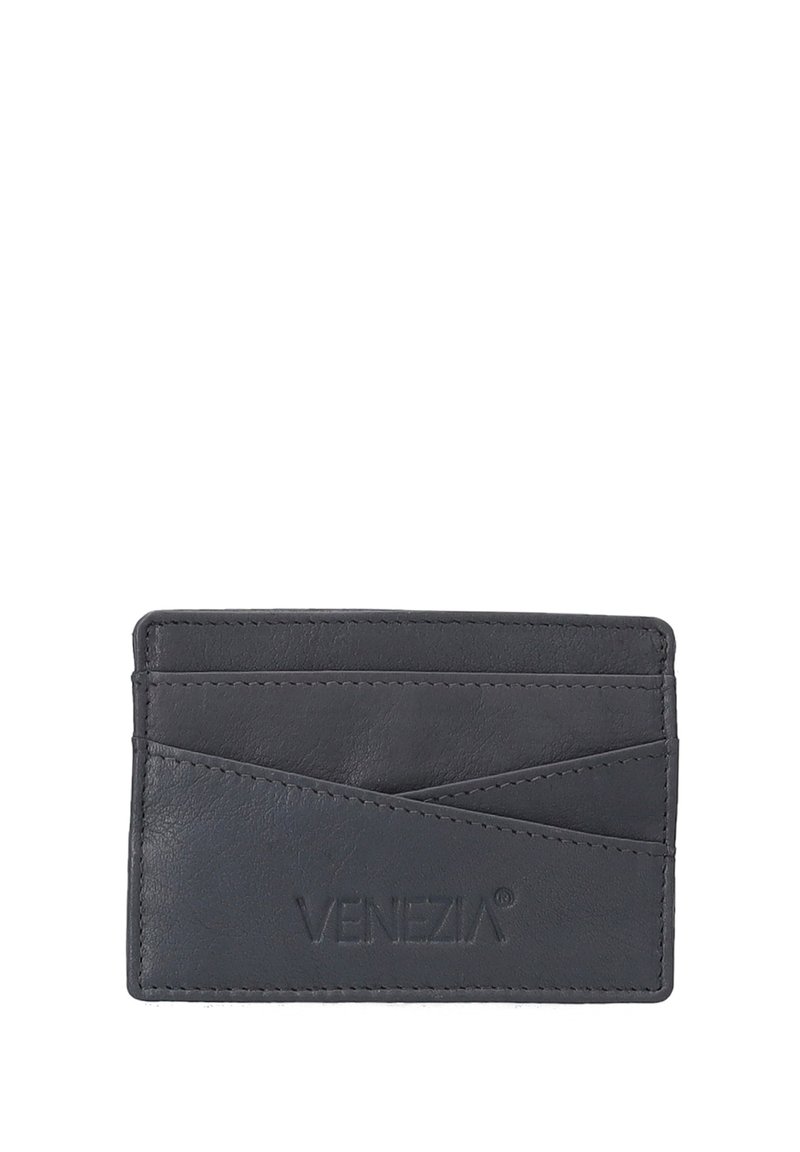 Dark gray leather cardholder featuring four card slots, embossed "VENEZIA" logo, and a smooth texture. Compact rectangular design.