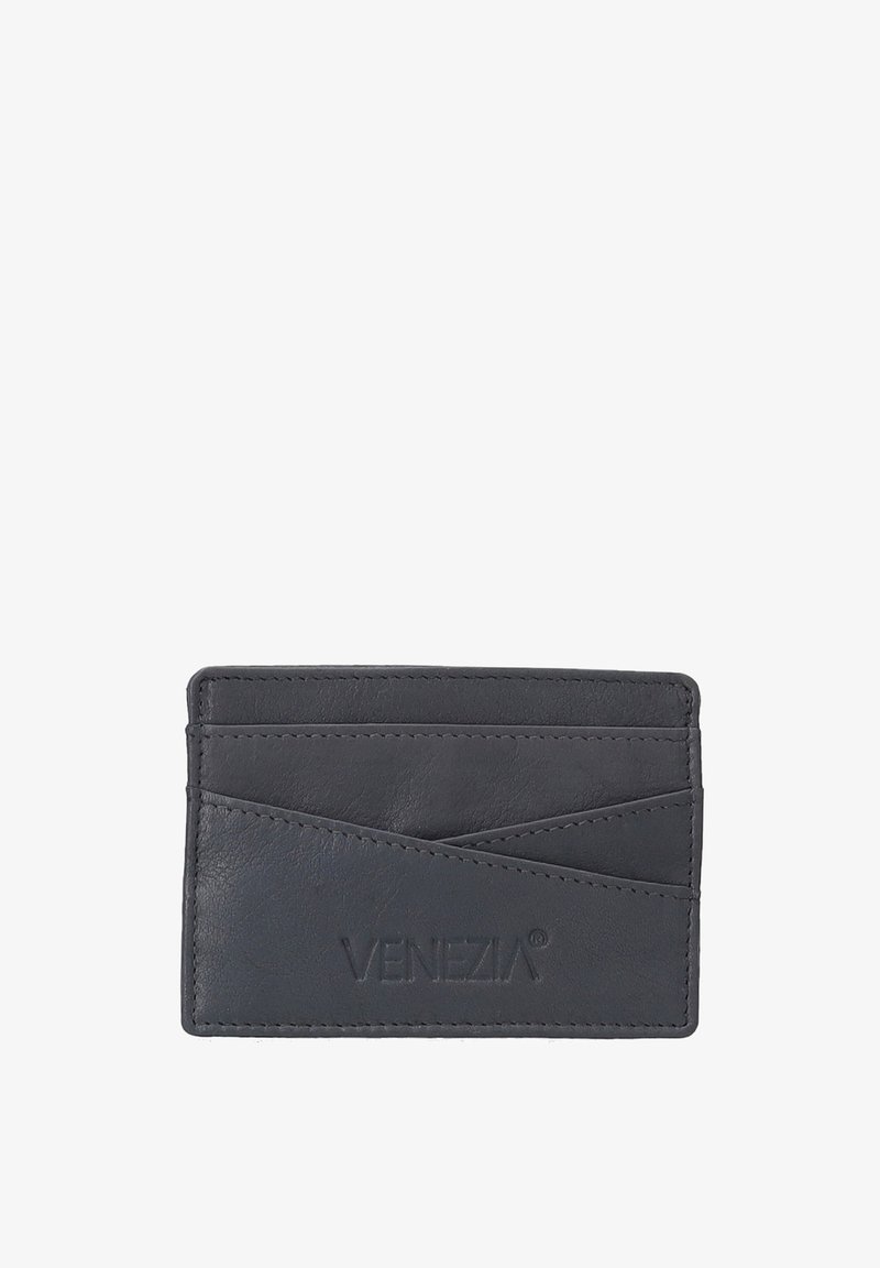 Dark gray leather cardholder featuring four card slots, embossed "VENEZIA" logo, and a smooth texture. Compact rectangular design.