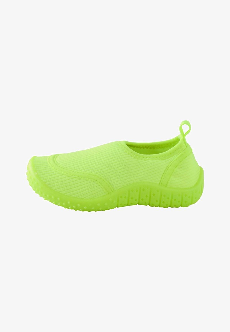 Chaussure d'eau à enfiler vert néon avec semelle texturée et tige en tissu, dotée d'une boucle au talon pour un enfilage facile.
